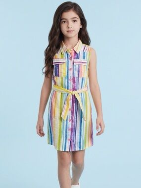 NWOT Girls Youth Multi Color Stripe Button Down Knee Length Dress - Size 7/8